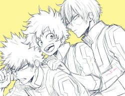 Rule 34 | 3boys, angry, bakugou katsuki, boku no hero academia, burn scar, clenched teeth, collar, commentary request, freckles, greyscale with colored background, happy, looking at viewer, male focus, midoriya izuku, mkm (mkm storage), monochrome, multiple boys, open mouth, raised eyebrows, scar, scar on face, signature, simple background, teeth, todoroki shouto, yellow background