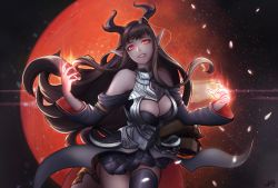 Rule 34 | 1girl, armor, bad id, bad pixiv id, bare shoulders, black skirt, black thighhighs, breasts, brown hair, cleavage, cleavage cutout, clothing cutout, cowboy shot, demon girl, demon horns, faulds, fingernails, grin, highres, horn ornament, horns, large breasts, long fingernails, long hair, looking at viewer, off shoulder, original, pale skin, pointy ears, red eyes, sharp fingernails, sidelocks, single thighhigh, skirt, smile, solo, tasselcat, thighhighs, very long hair