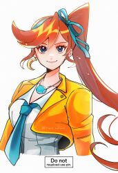 1girl ace_attorney athena_cykes blue_bow blue_eyes blue_necktie bow closed_mouth crescent crescent_earrings cropped_jacket earrings hair_between_eyes hair_bow highres jacket jewelry long_hair looking_at_viewer necktie open_clothes open_jacket orange_hair rat_nkmi shirt side_ponytail single_earring smile solo upper_body very_long_hair white_background white_shirt yellow_jacket