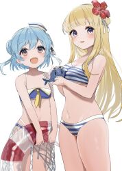 Rule 34 | 2girls, bikini, blonde hair, blue bikini, blue hair, breasts, cleavage, cosplay, costume switch, cowboy shot, dixie cup hat, double bun, fletcher (kancolle), flower, hair bun, hair flower, hair ornament, hairband, hat, holding, holding swim ring, innertube, kantai collection, large breasts, little blue whale (kancolle), long hair, looking at viewer, military hat, multiple girls, open mouth, purple eyes, samuel b. roberts (kancolle), short hair, smile, striped bikini, striped clothes, swim ring, swimsuit, whale, white background, yamashichi (mtseven)
