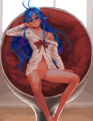 Rule 34 | 10s, 1girl, antenna hair, barefoot, blue eyes, blue hair, bottomless, bow, chair, cleft of venus, denpa onna to seishun otoko, doyora, egg chair, facing viewer, feet out of frame, female focus, flat chest, indoors, lips, long hair, long sleeves, looking at viewer, matching hair/eyes, naked shirt, navel, no panties, off shoulder, pussy, shirt, sitting, smile, solo, touwa erio, uncensored