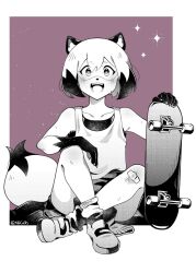 Rule 34 | 1girl, :d, animal ears, bandaid, bandaid on knee, bandaid on leg, bare shoulders, black sports bra, bob cut, border, brand new animal, breasts, bright pupils, claws, collarbone, commentary, crossed legs, dithering, english commentary, full body, furry, furry female, greyscale, hair between eyes, highres, holding, holding skateboard, kagemori michiru, light particles, loose hair strand, loose socks, monochrome, multicolored hair, nemeko (k6cats), on ground, open mouth, outside border, purple background, raccoon ears, raccoon girl, raccoon tail, shoes, short hair, short shorts, shorts, sitting, skateboard, small breasts, smile, sneakers, socks, solo, sparkle, sports bra, spot color, tail, tank top, thick eyebrows, tomboy, two-tone hair, white border, white pupils, white tank top