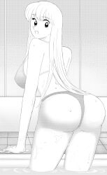 1girl akimoto_katherine_reiko arched_back ass bare_shoulders bikini breasts cowboy_shot from_behind greyscale highres kochikame large_breasts long_hair looking_at_viewer looking_back monochrome official_style open_mouth partially_submerged pool poolside shiroichi_st soaking_feet solo standing swimsuit thong tile_floor tiles very_long_hair water water_drop wet