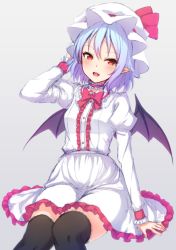 Rule 34 | 1girl, bat wings, black thighhighs, blue hair, bow, bowtie, choker, fang, hat, hat ribbon, junior27016, long sleeves, looking at viewer, mob cap, open mouth, pointy ears, puffy long sleeves, puffy sleeves, red bow, red bowtie, red eyes, remilia scarlet, ribbon, simple background, sitting, sketch, skirt, smile, solo, thighhighs, touhou, white skirt, wings, wrist cuffs