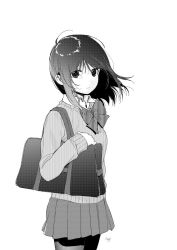 Rule 34 | 1girl, bag, bow, bowtie, cardigan, closed mouth, collared shirt, commentary request, copyright request, greyscale, highres, kawai makoto, long sleeves, looking at viewer, monochrome, pantyhose, pleated skirt, school bag, school uniform, shirt, short hair, shoulder bag, signature, simple background, skirt, solo, standing, white background, wing collar