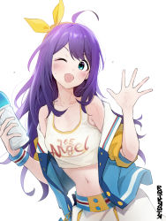 Rule 34 | 1girl, ahoge, bad id, bad pixiv id, blue eyes, blush, bottle, breasts, crop top, hairband, highres, holding, holding bottle, idolmaster, idolmaster million live!, idolmaster million live! theater days, jacket, long hair, looking at viewer, mochizuki anna, navel, one eye closed, open clothes, open jacket, open mouth, purple eyes, purple hair, rqtkrqtk, signature, simple background, solo, very long hair, white background, yellow hairband