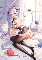 Rule 34 | 1girl, :d, animal ear fluff, animal ears, apron, ass, bad id, bad pixiv id, bare shoulders, bed, bed sheet, bedroom, bell, black footwear, black skirt, black thighhighs, blue eyes, blush, bow, breasts, cat ears, cat girl, cat-shaped pillow, cat tail, commentary request, curtains, day, dress, fang, flower, frilled apron, frilled skirt, frills, from behind, garter straps, high heels, highres, hydrangea, indoors, jingle bell, laevan, large breasts, long hair, looking at viewer, looking back, maid, maid apron, maid headdress, no panties, on bed, open mouth, original, pillow, plant, potted plant, puffy short sleeves, puffy sleeves, short dress, short sleeves, shoulder blades, sideboob, sidelocks, silver hair, sitting, skin fang, skindentation, skirt, slit pupils, smile, solo, tail, tail bell, tail bow, tail ornament, tail raised, thighhighs, thighs, twintails, very long hair, waist apron, white apron, window, wool, wrist cuffs, yarn, yarn ball