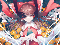 Rule 34 | 1girl, absurdres, ascot, bandages, blue ascot, bow, brown eyes, collar, detached sleeves, flower, grass, hair bow, hair tubes, hakurei reimu, highres, japanese clothes, long hair, looking away, looking down, lying, miko, nontraditional miko, on back, red shirt, ribbon trim, shirt, sidelocks, sleeveless, solo focus, sunflower, toraneko 2, touhou, upper body, white collar, wide sleeves