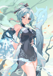 Rule 34 | 1girl, absurdres, aged down, aqua hair, bare shoulders, black dress, blush, breasts, chinese clothes, cowboy shot, detached sleeves, dress, frilled sleeves, frills, genshin impact, hair ornament, hair stick, hand on own hip, highres, instrument, long hair, looking at viewer, madame ping (genshin impact), medium breasts, open mouth, parted bangs, purple eyes, sidelocks, sleeveless, sleeveless dress, solo, temir, thighs, wide sleeves