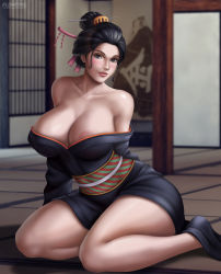 Rule 34 | 1girl, absurdres, bare shoulders, black hair, black kimono, blue eyes, breasts, cleavage, clothes lift, flowerxl, highres, huge breasts, japanese clothes, kimono, large breasts, lipstick, looking at viewer, makeup, nico robin, covered erect nipples, one piece, solo, tagme, thick thighs, thighs