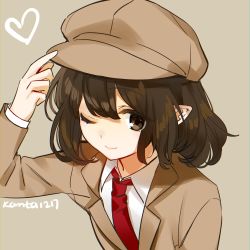 Rule 34 | 1girl, beige background, brown eyes, brown hair, brown hat, brown jacket, cabbie hat, closed mouth, collared shirt, flat cap, hat, heart, highres, holding, holding clothes, holding hat, jacket, kanta (pixiv9296614), necktie, no wings, one eye closed, pointy ears, red necktie, shameimaru aya, shameimaru aya (newsboy), shirt, short hair, simple background, smile, suit jacket, touhou, upper body, white shirt