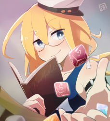Rule 34 | 10s, 1girl, armband, bare shoulders, blonde hair, blue eyes, book, dice, glasses, gradient background, harunagi, hat, holding, holding book, i-8 (kancolle), kantai collection, low twintails, one-piece swimsuit, open book, peaked cap, red-framed eyewear, school swimsuit, short hair, smile, solo, swimsuit, twintails