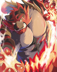 Rule 34 | abasirisippo, claws, commentary request, creatures (company), fire, furry, furry male, game freak, gen 7 pokemon, green eyes, highres, incineroar, looking to the side, male focus, nintendo, pokemon, pokemon (creature), sharp teeth, solo, teeth
