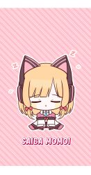 Rule 34 | 1girl, :o, animal ear headphones, animal ears, black skirt, blonde hair, blue archive, blue necktie, bow, chibi, closed eyes, collared shirt, diagonal stripes, facing viewer, fake animal ears, full body, hair bow, headphones, highres, jacket, long hair, long sleeves, momoi (blue archive), necktie, off shoulder, outline, parted lips, pink background, pink footwear, pleated skirt, red bow, seno (senohime), shirt, shoes, sidelocks, sitting, skirt, sleeping, sleeves past fingers, sleeves past wrists, solo, striped, striped background, suspender skirt, suspenders, white jacket, white outline, white shirt, wide sleeves, zzz