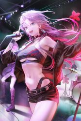 Rule 34 | 1girl, belt buckle, black jacket, black panties, black shorts, black sports bra, blue eyes, boots, bracelet, buckle, chain, chain necklace, choker, cleavage cutout, clothing cutout, cropped legs, drum, earrings, fishnet thighhighs, fishnets, guitar, highres, hoop earrings, instrument, jacket, jewelry, knee boots, long hair, looking at viewer, multiple rings, music, navel piercing, necklace, open mouth, original, oyabuli, panties, parted bangs, piercing, purple hair, purple nails, ring, short shorts, shorts, singing, single thighhigh, sports bra, spotlight, stage, stage lights, thighhighs, underwear, wrist cuffs