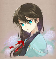 Rule 34 | 10s, 1boy, alternate hair length, alternate hairstyle, black hair, blue eyes, flower, gradient background, hair ribbon, hebino rai, horikawa kunihiro, hydrangea, japanese clothes, long hair, male focus, parted lips, ribbon, solo, touken ranbu, trap, upper body