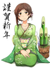 Rule 34 | 1girl, absurdres, alternate hairstyle, bad id, bad pixiv id, bamboo, blush, braid, brown eyes, brown hair, furisode, hair ornament, highres, idolmaster, idolmaster million live!, j yak47, japanese clothes, kimono, kitazawa shiho, looking at viewer, new year, seiza, sitting, smile, solo, translated, white background