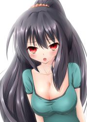 Rule 34 | 10s, 1girl, black hair, blush, breasts, cleavage, fang, hair ornament, hair scrunchie, highres, kore wa zombie desu ka?, large breasts, looking at viewer, open mouth, ponytail, red eyes, scrunchie, seraphim (korezom), solo, vampire