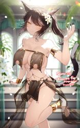 Rule 34 | 1girl, absurdres, anklet, armlet, bare shoulders, barefoot, bikini, black bikini, black hair, black nails, breasts, cleavage, closed mouth, collarbone, commentary request, commission, feet, final fantasy, final fantasy xiv, flower, hair flower, hair ornament, hand up, highres, jewelry, large breasts, long hair, miqo&#039;te, nail polish, navel, pelvic curtain, ponytail, side-tie bikini bottom, skeb commission, smile, solo, swimsuit, syandega, thighs, toes, yellow eyes