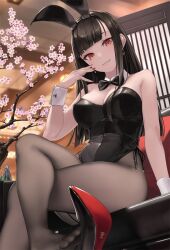 Rule 34 | 1girl, animal ears, arm at side, bare arms, bare shoulders, black bow, black bowtie, black footwear, black hair, black leotard, black pantyhose, bow, bowtie, breasts, cherry blossoms, cleavage, collar, collarbone, commentary request, couch, crescent, crescent earrings, crossed legs, cuffs, detached collar, dutch angle, earrings, extreme dangling, fake animal ears, feet, grin, groin, hair between eyes, high heels, highleg, highleg leotard, indoors, jewelry, legs, leotard, long hair, looking at viewer, medium breasts, on couch, original, pantyhose, playboy bunny, pumps, rabbit ears, red eyes, red nails, red soles, rokuwata tomoe, shoe dangle, shoes, side-tie leotard, sidelocks, single shoe, sitting, smile, solo, stiletto heels, strapless, strapless leotard, teeth, toes, traditional bowtie, white collar, wrist cuffs