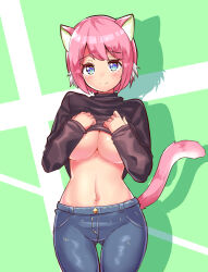 Rule 34 | 1girl, animal ears, black shirt, blue eyes, blush, bob cut, breasts, casual, cat ears, cat girl, cat tail, cleavage, closed mouth, clothes lift, commentary, cougar (cougar1404), cowboy shot, denim, gluteal fold, green background, grey pants, jeans, large breasts, lifting own clothes, long sleeves, looking at viewer, navel, no bra, pants, pfirsia (cougar1404), pink hair, shadow, shirt, shirt lift, short hair, skin tight, smile, solo, standing, symbol-only commentary, tail, thigh gap, turtleneck