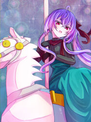 Rule 34 | 1girl, ahoge, alternate costume, black gloves, blue skirt, blush, carousel, commentary, cowlick, crossed bangs, feet out of frame, gloves, grey sweater, hair between eyes, high ponytail, highres, hiyoku no crosspiece, horseback riding, long bangs, long hair, long skirt, looking at viewer, nanashi inc., open mouth, purple hair, qwq oekaki, red scarf, riding, scarf, shisui kiki, sidelocks, sidesaddle, sitting, skirt, smile, solo, sparkle, sweater, very long hair, virtual youtuber, white horse