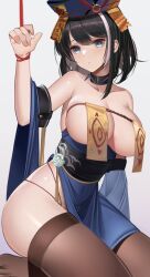 Rule 34 | 1girl, absurdres, arm up, azur lane, bare shoulders, black hair, blue eyes, bob cut, breast curtains, breasts, brown thighhighs, chinese clothes, detached sleeves, hat, heatia, highres, hwah jah (azur lane), hwah jah (the festive undead) (azur lane), large breasts, looking at viewer, medium hair, official alternate costume, panty straps, parted lips, pelvic curtain, qingdai guanmao, revision, sash, solo, talisman, thighhighs, wide sleeves