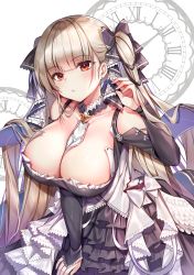 Rule 34 | 1girl, azur lane, bare shoulders, between breasts, black dress, blush, breasts, cleavage, clock, dress, earrings, formidable (azur lane), frilled dress, frills, hair ribbon, hand on own thigh, hand up, highres, jewelry, large breasts, leaning forward, long hair, long sleeves, looking at viewer, maett, red eyes, ribbon, silver hair, solo, stud earrings, twintails, two-tone dress, two-tone ribbon, very long hair