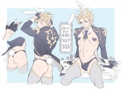 Rule 34 | 1boy, animal ears, bikini briefs, black briefs, black gloves, black male underwear, blonde hair, blue background, commentary, english commentary, fake animal ears, fake tail, fingerless gloves, gloves, granblue fantasy, heart pasties, male focus, male playboy bunny, male underwear, mouth hold, namekaho, pasties, poker chip, poker table, rabbit ears, seofon (granblue fantasy), simple background, sitting, table, tail, thighhighs, underwear