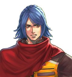 Rule 34 | 1boy, annoyed, blue hair, brown jacket, cape, commentary, highres, jacket, k9999, krohnen, ktovhinao, male focus, medium hair, multicolored clothes, multicolored jacket, orange eyes, parted lips, red cape, simple background, snk, solo, the king of fighters, the king of fighters xv, upper body, white background, yellow jacket