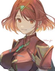 Rule 34 | 1girl, breasts, chest jewel, earrings, fujie-yz, headpiece, highres, jewelry, large breasts, looking at viewer, portrait, pyra (xenoblade), red eyes, red hair, short hair, short sleeves, simple background, smile, solo, swept bangs, tiara, twitter username, white background, xenoblade chronicles (series), xenoblade chronicles 2