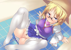Rule 34 | 1girl, adapted costume, alternate costume, anus, ass, bad id, bad pixiv id, bandaid, bandaid on pussy, bespectacled, black-framed eyewear, blonde hair, blue eyes, blush, bow, condom, condom in mouth, glasses, hair ornament, hair ribbon, hat, legs up, long sleeves, looking at viewer, looking up, moriya suwako, mouth hold, no panties, no shoes, pussy, ribbon, shirt, short hair, sitting, skirt, solo, spirytus tarou, thighhighs, touhou, turtleneck, uncensored, upskirt, white thighhighs, wide sleeves