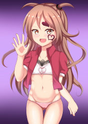 Rule 34 | 1girl, blush, bra, brown eyes, brown hair, collarbone, collared jacket, cowboy shot, facial tattoo, female focus, gluteal fold, gradient background, heart, heart pendant, heart tattoo, highres, jacket, jewelry, kagami tina, long hair, looking at viewer, midriff, multicolored clothes, multicolored panties, mushiking, navel, open clothes, open mouth, panties, pendant, pink panties, short sleeves, solo, standing, tattoo, thigh gap, tuchan, two side up, underwear, white panties