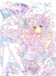 Rule 34 | 1girl, :o, aqua eyes, blue footwear, blush, book, bow, bow legwear, candy, commentary request, drawing, dress, feet out of frame, food, frilled dress, frills, hair bow, hair rings, hairband, hands up, highres, holding, holding wand, lolita fashion, lolita hairband, looking at viewer, marker (medium), marshmallow, night, night sky, notebook, official art, original, pale color, parted lips, pencil, petticoat, puu (kari---ume), shoes, short sleeves, sky, solo, star (symbol), striped clothes, striped dress, stuffed unicorn, sweet lolita, thighhighs, traditional media, two side up, wand, white background, white dress, white hair, white thighhighs, window, wrapped candy, wrist cuffs, yume kawaii