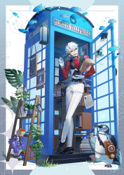 Rule 34 | 1boy, 1other, bird, bishounen, black footwear, book, commentary, commentary request, full body, gloves, highres, holding, ladder, long sleeves, male focus, open mouth, original, outdoors, pants, penguin, phone, phone booth, rezia, shirt, white gloves, white hair, white pants