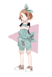 Rule 34 | 1girl, aqua overalls, black shirt, brown hair, crossed arms, full body, highres, looking at viewer, natsu-no-kamisama, original, overalls, red eyes, shirt, shoes, short hair, short sleeves, solo, standing, triangle