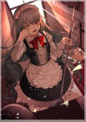 Rule 34 | 1girl, absurdres, alternate costume, apron, blush stickers, borrowed clothes, bow, bowtie, broom, cizzi, dust, g11 (girls&#039; frontline), girls&#039; frontline, highres, long hair, maid, maid apron, maid headdress, one eye closed, silver hair, solo, sunlight, window
