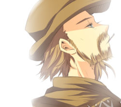 Rule 34 | 1boy, bad id, bad pixiv id, blue eyes, brown hair, brown hat, engaya soruto, facial hair, hat, live a live, looking to the side, looking up, male focus, mouth hold, profile, solo, sundown kid