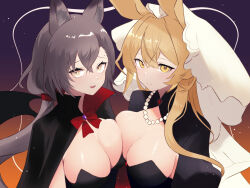 Rule 34 | 2girls, animal ear fluff, animal ears, arknights, black cape, black leotard, black wings, blonde hair, bow, breast press, breasts, brooch, brown eyes, cape, cleavage, closed mouth, commentary request, dorothy (arknights), dr.lamina, grey hair, highres, jewelry, large breasts, leotard, long hair, multiple girls, necklace, pearl necklace, penance (arknights), puffy sleeves, red bow, shrug (clothing), smile, strapless, strapless leotard, symmetrical docking, upper body, veil, very long hair, wings