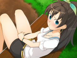 Rule 34 | 00s, bad id, bad pixiv id, bench, black hair, bow, earrings, from above, ganaha hibiki, idolmaster, idolmaster (classic), jewelry, kazuto san, necklace, o3o, ponytail, sitting, skirt, solo