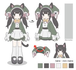 Rule 34 | 1girl, absurdres, animal ears, arrow (symbol), black hair, black sash, bow, bowtie, buttons, cat ears, cat girl, cat tail, character sheet, color guide, dress, green eyes, green footwear, green jacket, grey footwear, hat, highres, jacket, kneehighs, long hair, long sleeves, mary janes, morizo (morizoshop), open clothes, open jacket, original, pink bow, puffy long sleeves, puffy sleeves, sash, shoes, sleeve bow, socks, standing, tail, twintails, twitter username, white bow, white dress, white socks, yellow bow, yellow bowtie