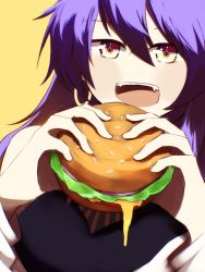 Rule 34 | 1girl, black shirt, burger, cheese, earrings, fang, food, highres, holding, holding food, hololive, hololive indonesia, jewelry, looking at viewer, moona hoshinova, open mouth, purple hair, retayu arth, shirt, simple background, solo, teeth, virtual youtuber, yellow background