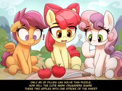 Rule 34 | !, 3girls, :t, ?, apple, apple bloom, bow, confused, constricted pupils, english text, flying sweatdrops, food, fruit, green eyes, hair bow, horns, knife, large bow, multiple girls, my little pony, my little pony: friendship is magic, orange eyes, outdoors, pabbley, pegasus, pink hair, pony (animal), purple eyes, purple hair, red bow, scootaloo, single horn, sweat, sweetie belle, trembling, unicorn, wings