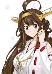 Rule 34 | 10s, 1girl, ahoge, bare shoulders, black eyes, blush, breasts, brown hair, crying, crying with eyes open, detached sleeves, double bun, hair bun, hairband, headgear, highres, japanese clothes, jewelry, kantai collection, kongou (kancolle), large breasts, long hair, long sleeves, looking at viewer, nontraditional miko, nyantamaran, petals, ribbon-trimmed sleeves, ribbon trim, ring, sidelocks, smile, solo, tears, upper body, wedding band, wide sleeves