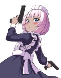 Rule 34 | 1girl, apron, blue dress, blue eyes, blush, commentary request, dress, dual wielding, from behind, gun, handgun, holding, holding gun, holding weapon, looking at viewer, looking to the side, maid, maid apron, maid headdress, medium hair, open mouth, original, pink hair, s (hdru2332), simple background, weapon, weapon request, white apron, white background