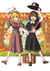 Rule 34 | 2girls, autumn, autumn leaves, black skirt, blonde hair, blush, bow, bowtie, brown eyes, brown footwear, brown hair, collared shirt, dress, falling leaves, fence, full body, grass, hat, highres, holding, holding clothes, holding hat, inuno rakugaki, leaf, loafers, locked arms, long dress, long skirt, looking at viewer, maribel hearn, mary janes, mob cap, multiple girls, nature, necktie, open mouth, outdoors, outside border, purple dress, red bow, red bowtie, red footwear, red necktie, sash, shirt, shoes, short hair, skirt, smile, socks, standing, touhou, tree, unworn headwear, usami renko, white shirt, white socks