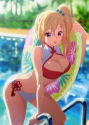 Rule 34 | 10s, 1girl, :p, arched back, bikini, blonde hair, breasts, cleavage, day, eyebrows, female focus, floral print, flower, hibiscus, hibiscus print, highres, innertube, kawakami mai, large breasts, long hair, mole, mole under eye, musaigen no phantom world, official art, outdoors, pool, purple eyes, scan, side ponytail, solo, swim ring, swimsuit, tongue, tongue out, water, water drop, wet