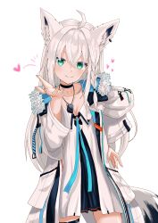 Rule 34 | 1girl, absurdres, ahoge, animal ear fluff, animal ears, black choker, black dress, blush, braid, choker, commentary request, dog tags, dress, earrings, fox ears, fox girl, fox tail, green eyes, hair between eyes, hand on own hip, heart, highres, hololive, jacket, jewelry, lingmu, long hair, looking at viewer, open clothes, open hand, open jacket, shirakami fubuki, shirakami fubuki (fubukitek), sidelocks, simple background, single braid, smile, tail, thigh strap, virtual youtuber, white background, white hair, white jacket