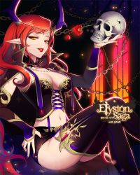 Rule 34 | 1girl, breasts, cape, chain, cleavage, cross-laced clothes, detached sleeves, earrings, elysion saga, horns, jewelry, lipstick, long hair, looking at viewer, makeup, nail polish, official art, orange hair, original, parted lips, pointy ears, red hair, shorts, sitting, skull, solo, thighhighs, very long hair, yuri (anachronic)