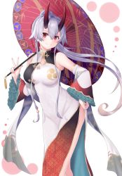 Rule 34 | 1girl, blush, breasts, china dress, chinese clothes, closed mouth, commentary request, detached sleeves, dress, earrings, fate/grand order, fate (series), fingernails, hair ornament, hand on own hip, head tilt, heroic spirit traveling outfit, high ponytail, highres, holding, holding umbrella, horns, jewelry, long hair, long sleeves, medium breasts, minoshi, mitsudomoe (shape), oil-paper umbrella, oni, oni horns, pelvic curtain, ponytail, red eyes, red umbrella, sidelocks, silver hair, simple background, sleeveless, sleeveless dress, smile, solo, tomoe (symbol), tomoe gozen (fate), tomoe gozen (traveling outfit) (fate), umbrella, v, very long hair, white background, white dress, wide sleeves